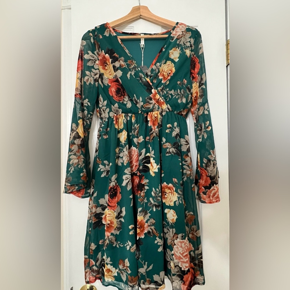 NWT NURSING DRESS: PinkBlush Green Brushed Knit Long Sleeve Wrap Nursing Dress